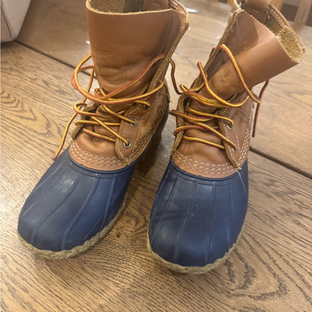 LL Bean Two-Tone Duck Boots - Brown Leather & Navy Rubber
